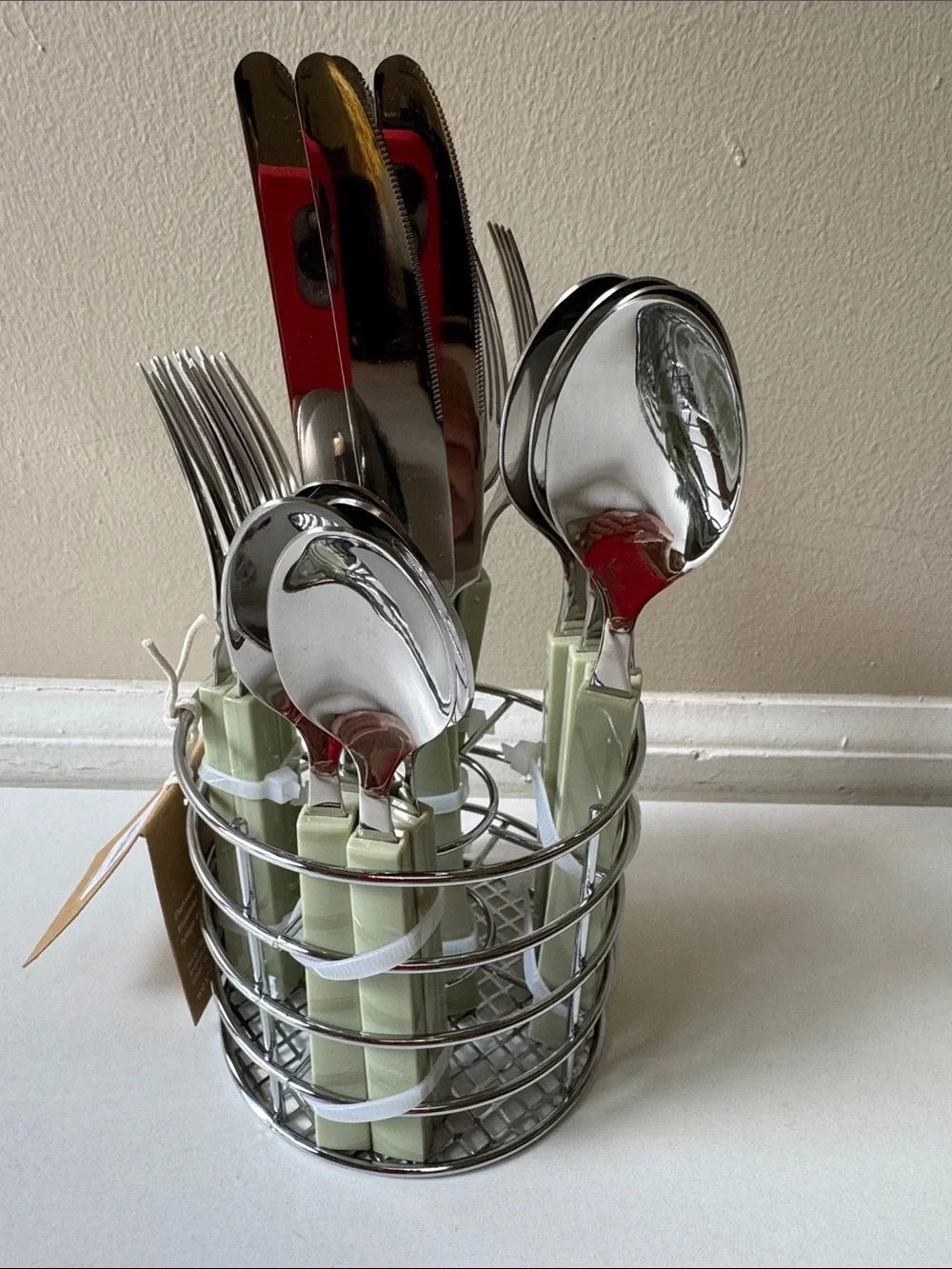 NEW West Elm Olive Green Stainless Steel/Resin Flatware Set with Wire Caddy